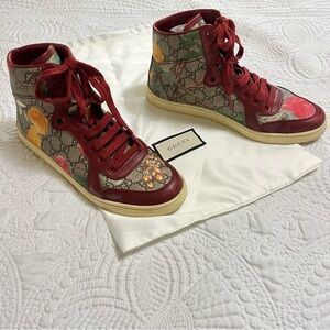GUCCI Tian High Top Monogram Sneakers GG Canvas Bloom Red Floral Size 38.5